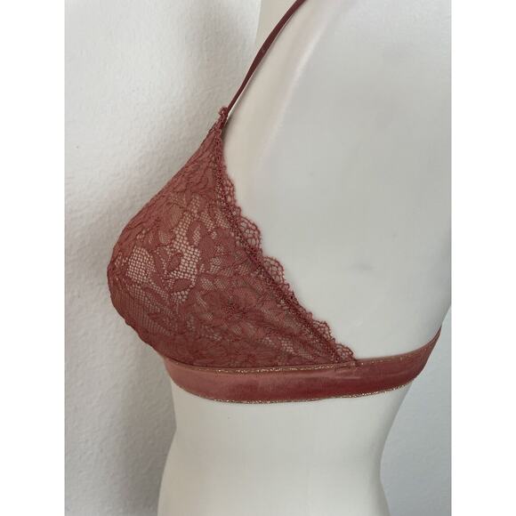 B. Tempt'd Lingerie Bralette Lace Velvet Gold Trim Strappy - Picture 4 of 8